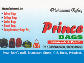 Are you searching for best Bags , Raincoat Dealers, Umbrella Manufacturers and Wholesalein Palakkad Kerala ?. Click here to get Prince Bags contact address and phone numbers