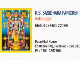 Are you searching for best Astrologers in Palakkad Kerala ?. Click here to get K B  Sasidhara Panicker   contact address and phone numbers