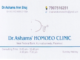Are you searching for best Doctors Homoeopathy in Palakkad Kerala ?. Click here to get Dr Ashams  Homoeo Clinic contact address and phone numbers