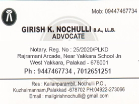 Are you searching for best Advocates in Palakkad Kerala ?. Click here to get Girish K Nochulli  B A LL B   contact address and phone numbers