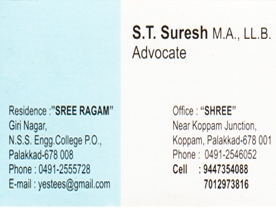 Are you searching for best Advocates in Palakkad Kerala ?. Click here to get S T Suresh M A LL B  contact address and phone numbers