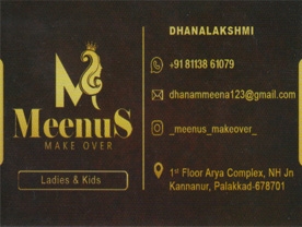 Are you searching for best Beauty Parlours,Beauty Spa and Saloon,Beauty Products and Cosmetic Dealers in Palakkad Kerala ?. Click here to get Meenus Make Over contact address and phone numbers