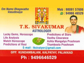 Are You Searching For Astrologers Services In Kalpathy. Click here to get Sivakumar T K Panicker kalarikkal Contact Address, Phone Number, Route Map