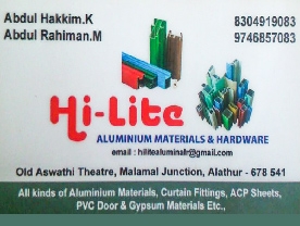 Are you searching for best Aluminium Products,Aluminium Fabricators,Interior Designers,Interior Decorative Products,Curtains and Furnishing Shop,
Doors Sales and Service,Window Sales and Service,Gypsum Board Shops   in Palakkad Kerala ?. Click here to get Hi Lite Aluminiumcontact address and phone numbers