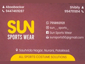 Are you searching for best Sports Goods Dealers in Palakkad Kerala ?. Click here to get Sun Sports Wear   contact address and phone numbers